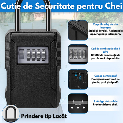 Cutie metalica cu cifru pentru depozitare chei, Tip Lacat, VisionHub®, Rezistenta la apa, Caseta exterioara impermeabila, rezistenta, de capacitate foarte mare, aliaj de aluminiu, Montare pe perete, Regim Hotelier, Booking, AirBnb, Acasa, Negru