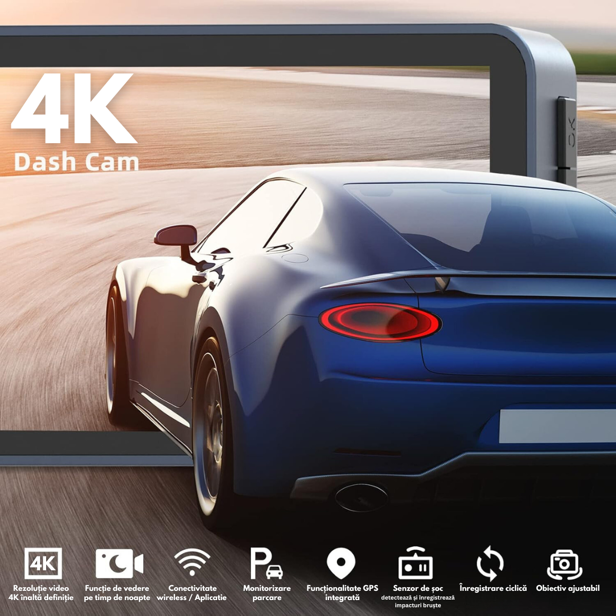 Camera Auto Dubla de bord 4k - Full HD, VisionHub®, WIFI + GPS, G-Senzor Reglabil, Aplicatie pe Telefon, Night Vision, Loop Recording, Unghi Larg 170°, Ecran IPS De 3, 0 Inch, DVR cu Camera Fata 4k + Spate 1080p inclusa, Negru