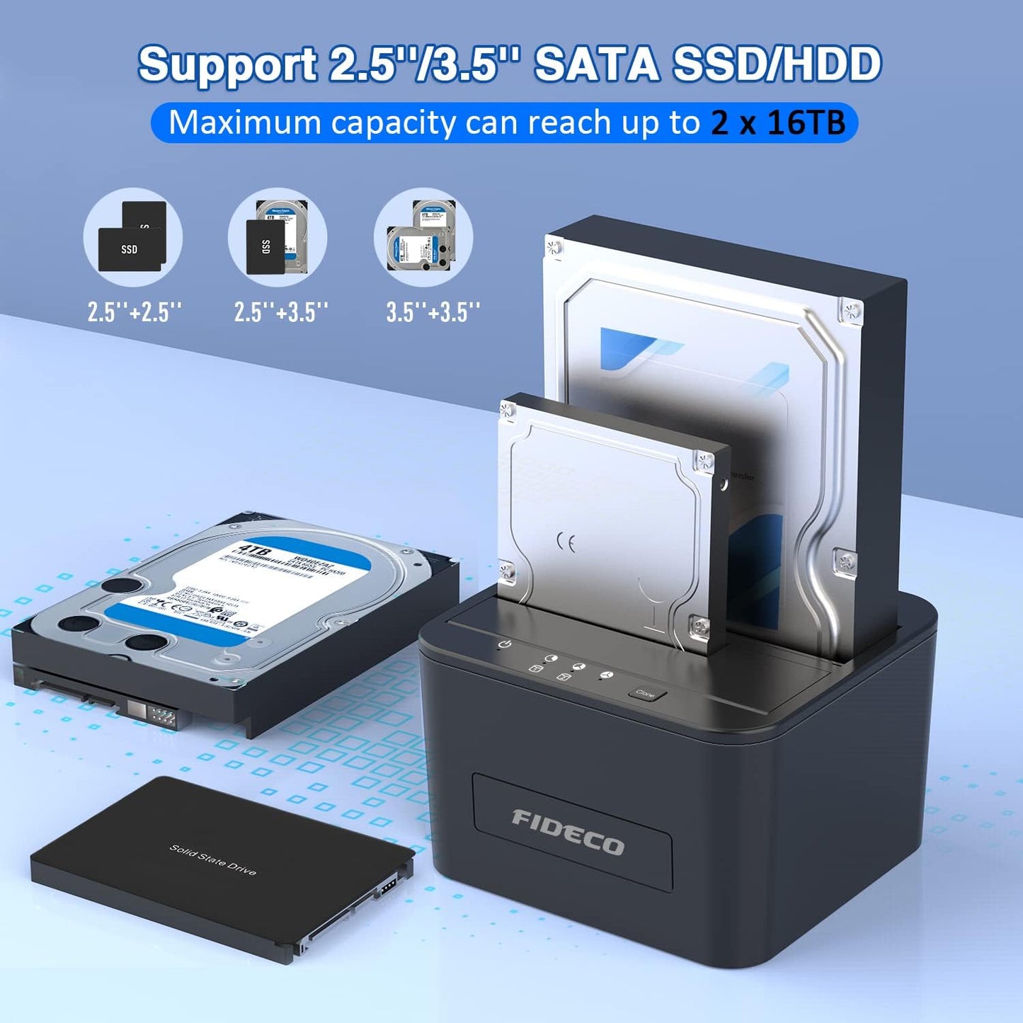 Statie de andocare Hard disk dubla, FIDECO, USB 3.0, Rack compatibil SATA HDD/SSD 2.5"/3.5", Docking Station 3 In 1 cu functia clonare offline, compartiment dublu, Neagra