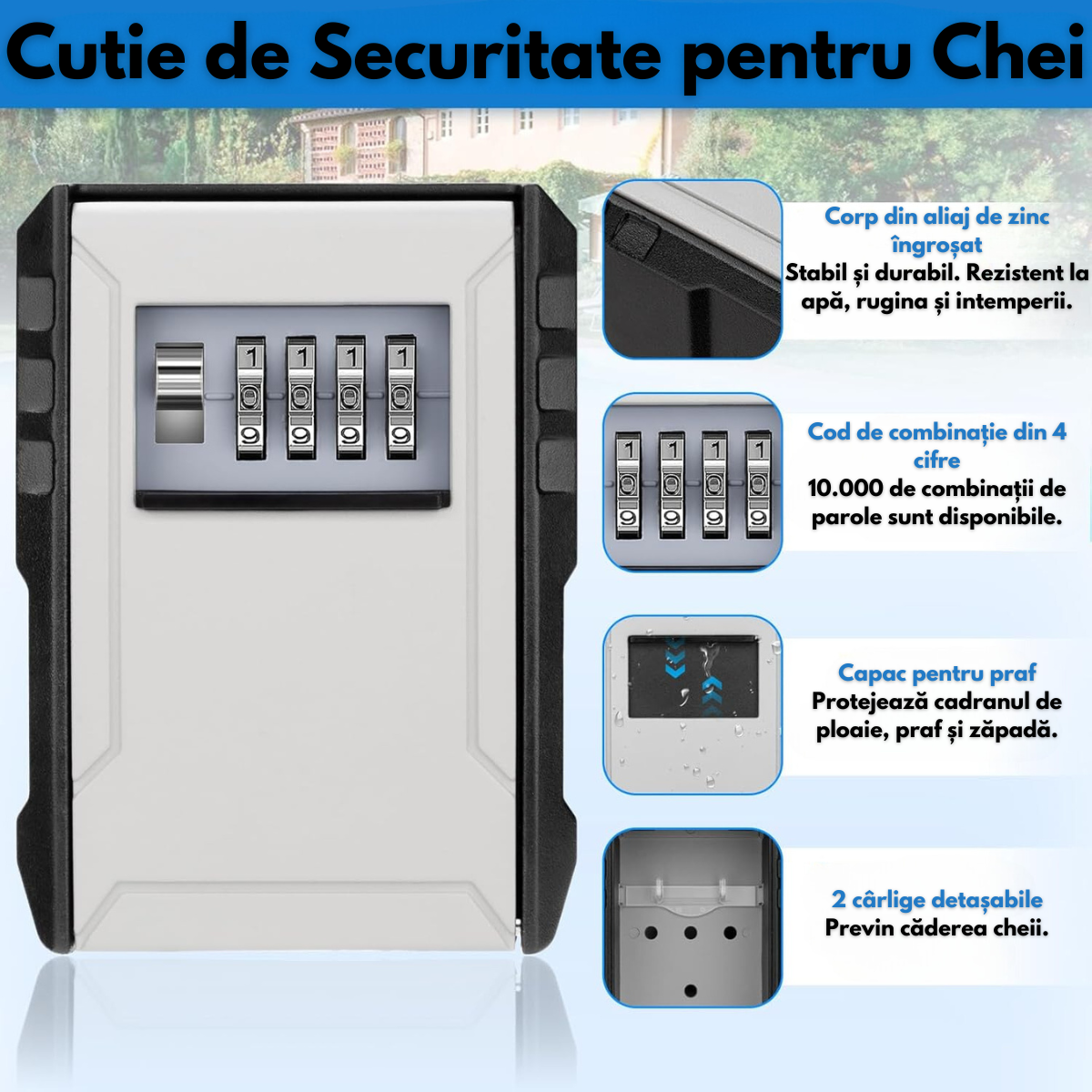 Cutie metalica cu cifru pentru depozitare chei, VisionHub®, waterproof, Caseta exterioara impermeabila, rezistenta, de capacitate foarte mare, aliaj de aluminiu, Montare pe perete, Regim Hotelier, Booking, AirBnb, Acasa, Bej