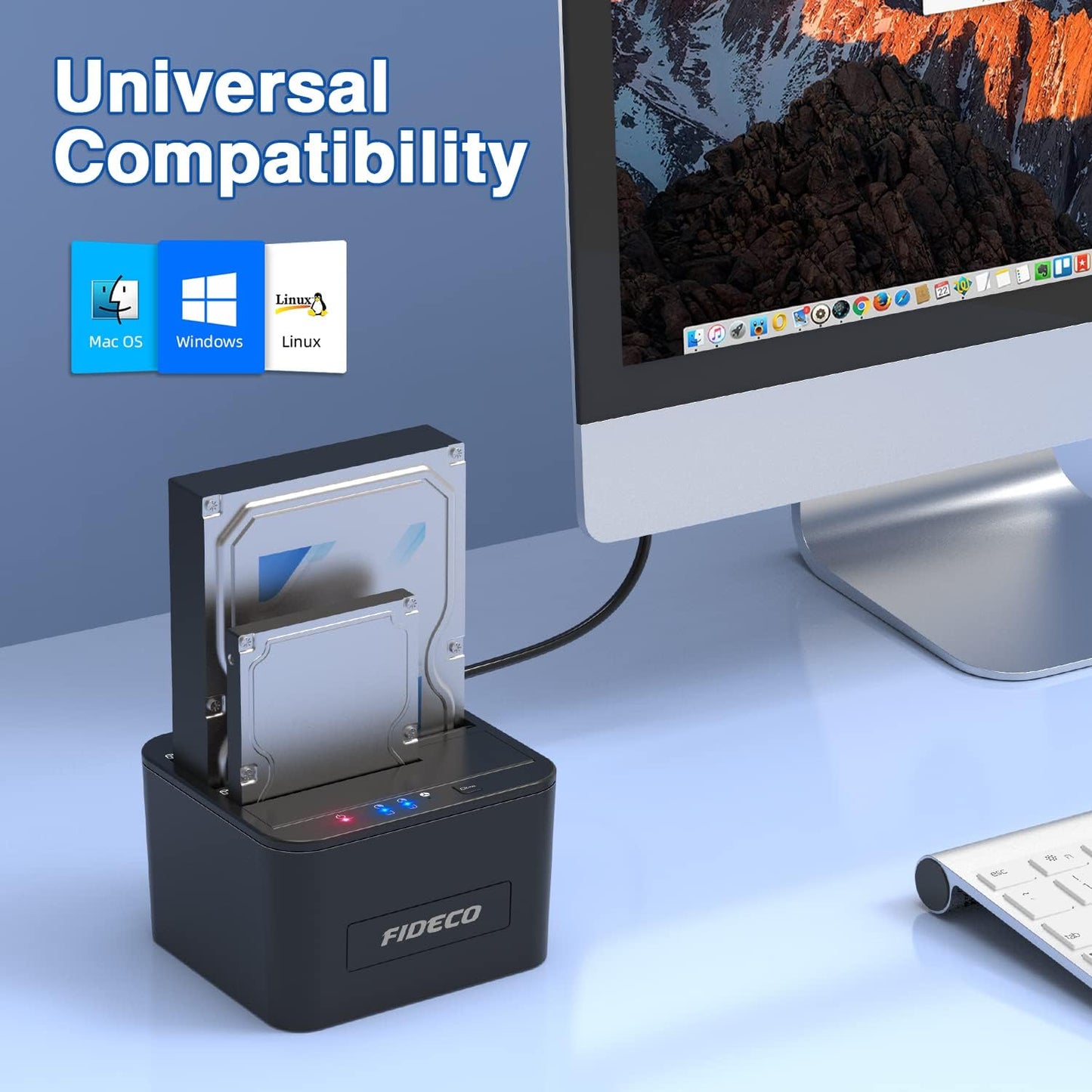 Statie de andocare Hard disk dubla, FIDECO, USB 3.0, Rack compatibil SATA HDD/SSD 2.5"/3.5", Docking Station 3 In 1 cu functia clonare offline, compartiment dublu, Neagra