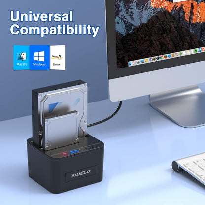 Statie de andocare Hard disk dubla, FIDECO, USB 3.0, Rack compatibil SATA HDD/SSD 2.5"/3.5", Docking Station 3 In 1 cu functia clonare offline, compartiment dublu, Neagra