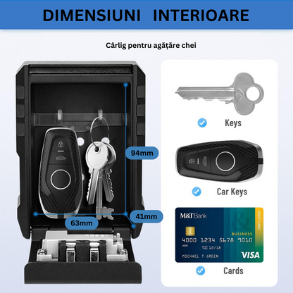 Cutie metalica cu cifru pentru depozitare chei, VisionHub®, waterproof, Caseta exterioara impermeabila, rezistenta, de capacitate foarte mare, aliaj de aluminiu, Montare pe perete, Regim Hotelier, Booking, AirBnb, Acasa, Neagra