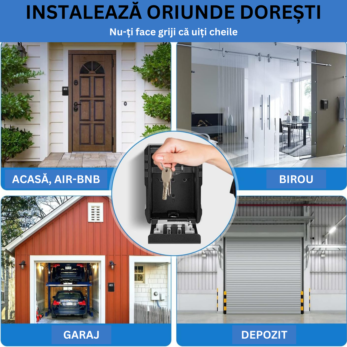 Cutie metalica cu cifru pentru depozitare chei, VisionHub®, waterproof, Caseta exterioara impermeabila, rezistenta, de capacitate foarte mare, aliaj de aluminiu, Montare pe perete, Regim Hotelier, Booking, AirBnb, Acasa, Neagra