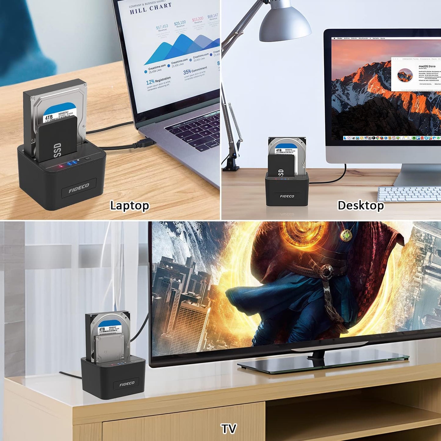 Statie de andocare Hard disk dubla, FIDECO, USB 3.0, Rack compatibil SATA HDD/SSD 2.5"/3.5", Docking Station 3 In 1 cu functia clonare offline, compartiment dublu, Neagra