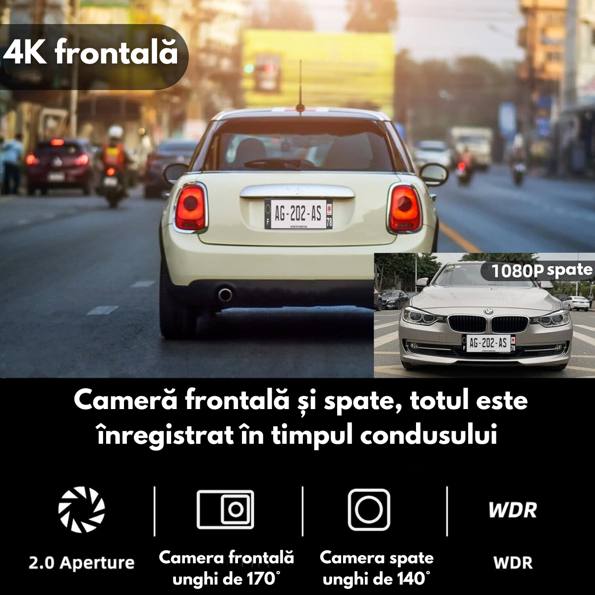 Camera Auto Dubla de bord 4k - Full HD, VisionHub®, WIFI + GPS, G-Senzor Reglabil, Aplicatie pe Telefon, Night Vision, Loop Recording, Unghi Larg 170°, Ecran IPS De 3, 0 Inch, DVR cu Camera Fata 4k + Spate 1080p inclusa, Negru