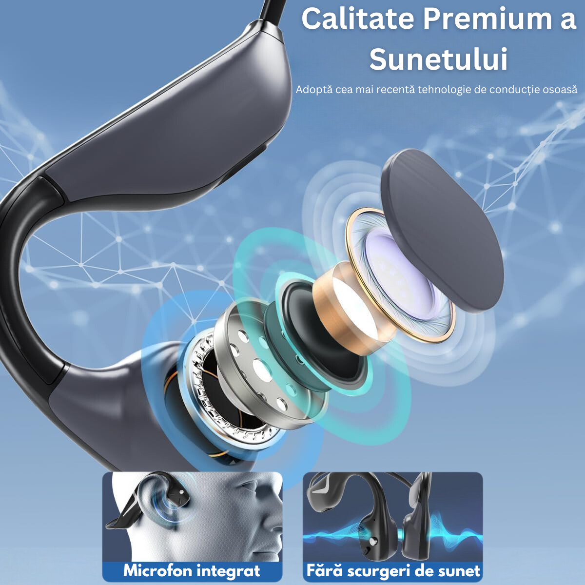 Casti wireless bluetooth Audio - Sport, VisionHub®, fara fir cu conductie osoasa, rezistente la apa, Lumina RGB, cu microfon, Ultra usoare 34g, acumulator 500mAh, 15 ore, potrivite pentru sport, alergare, fitness, ciclism, Bluetooth 5.3