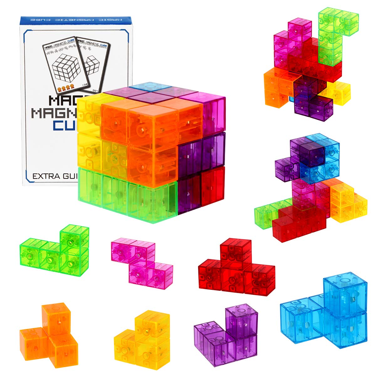 Cub magnetic Magic 3D, set Blocuri de constructie STEM, VisionHub®, cu 7 blocuri magnetice, forme multiple, 54 carti de ghidare, dezvoltarea inteligentei, Dezvoltarea Abilitatilor Motrice si a Imaginatiei
