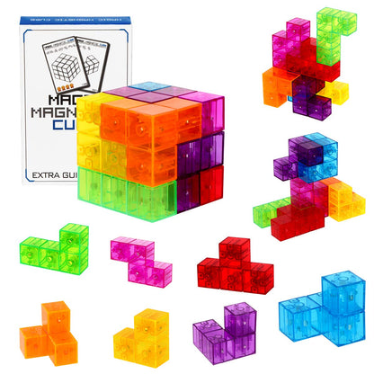 Cub magnetic Magic 3D, set Blocuri de constructie STEM, VisionHub®, cu 7 blocuri magnetice, forme multiple, 54 carti de ghidare, dezvoltarea inteligentei, Dezvoltarea Abilitatilor Motrice si a Imaginatiei
