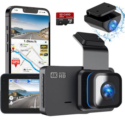 Camera Auto Dubla de bord 4k - Full HD, VisionHub®, WIFI + GPS, G-Senzor Reglabil, Aplicatie pe Telefon, Night Vision, Loop Recording, Unghi Larg 170°, Ecran IPS De 3, 0 Inch, DVR cu Camera Fata 4k + Spate 1080p inclusa, Negru