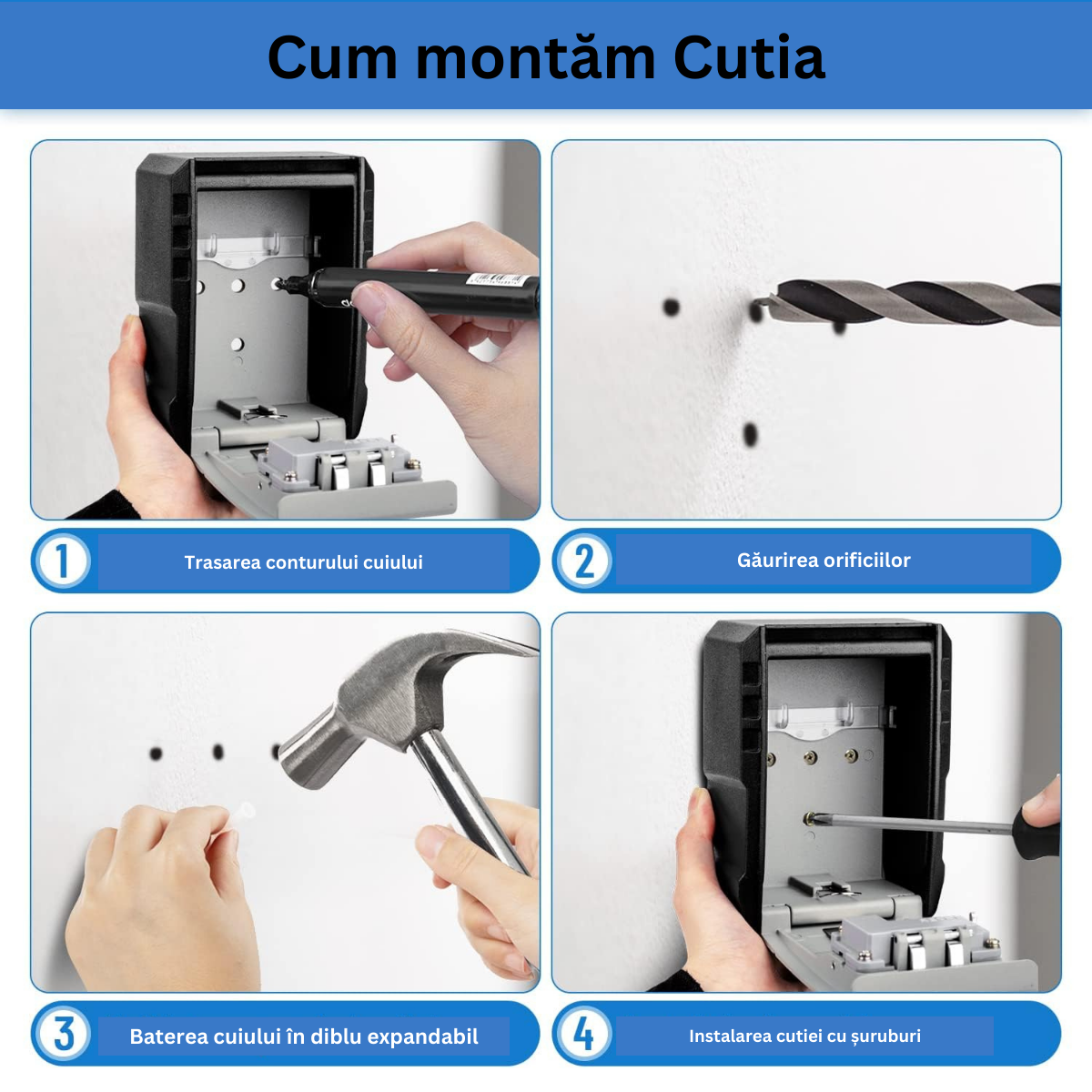 Cutie metalica cu cifru pentru depozitare chei, VisionHub®, waterproof, Caseta exterioara impermeabila, rezistenta, de capacitate foarte mare, aliaj de aluminiu, Montare pe perete, Regim Hotelier, Booking, AirBnb, Acasa, Neagra