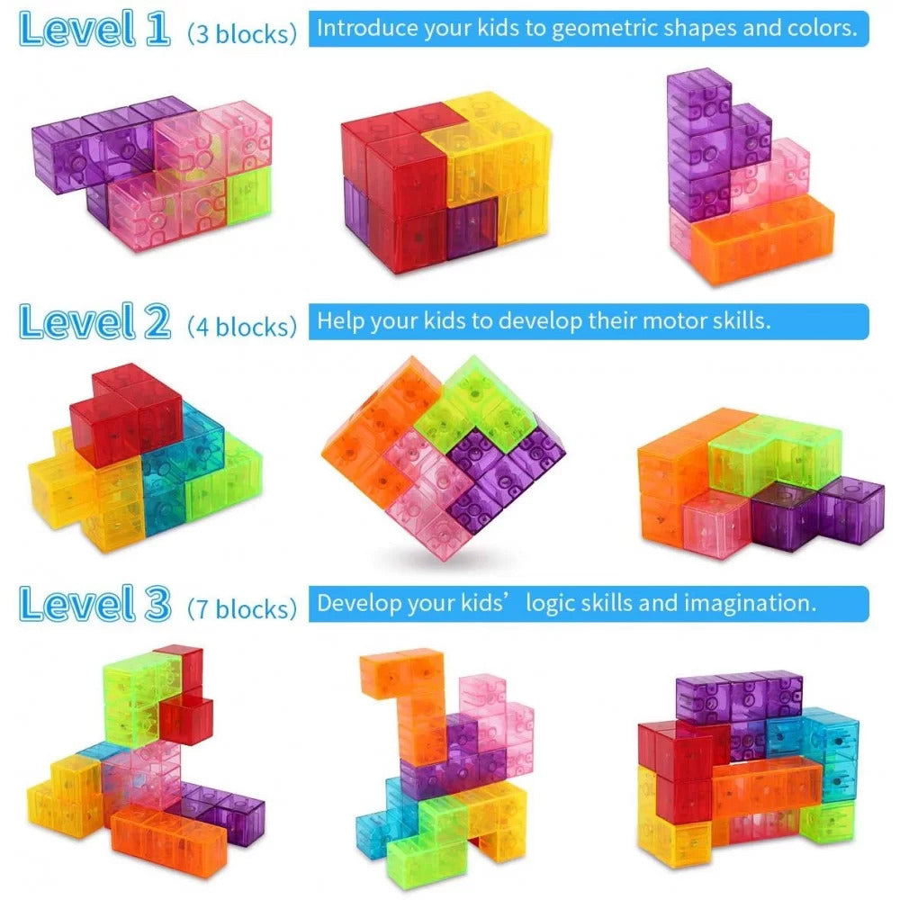 Cub magnetic Magic 3D, set Blocuri de constructie STEM, VisionHub®, cu 7 blocuri magnetice, forme multiple, 54 carti de ghidare, dezvoltarea inteligentei, Dezvoltarea Abilitatilor Motrice si a Imaginatiei