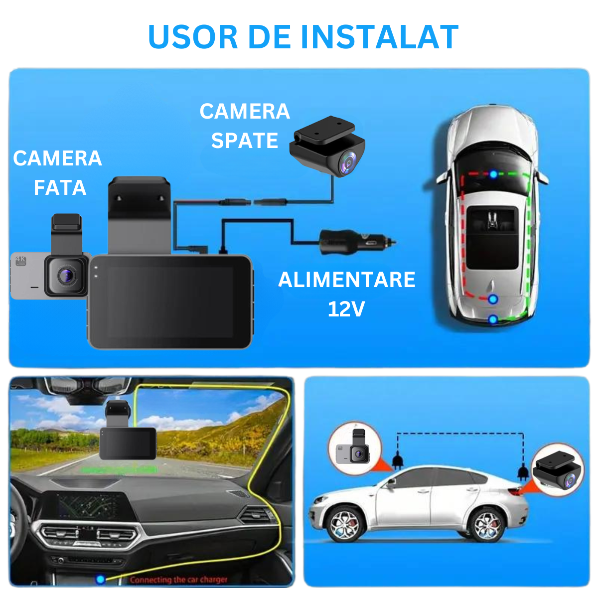 Camera Auto Dubla de bord 4k - Full HD, VisionHub®, WIFI + GPS, G-Senzor Reglabil, Aplicatie pe Telefon, Night Vision, Loop Recording, Unghi Larg 170°, Ecran IPS De 3, 0 Inch, DVR cu Camera Fata 4k + Spate 1080p inclusa, Negru