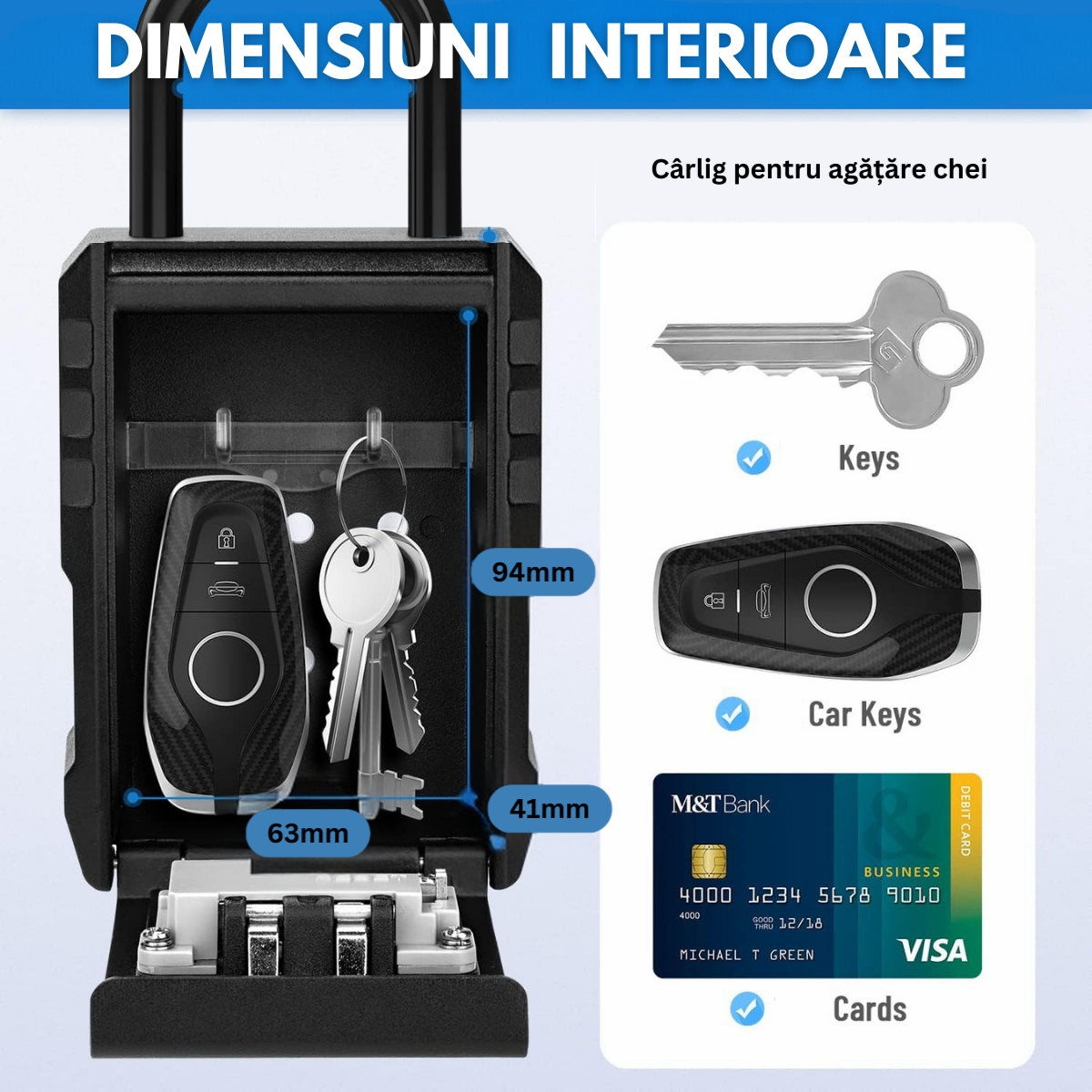 Cutie metalica cu cifru pentru depozitare chei, Tip Lacat, VisionHub®, Rezistenta la apa, Caseta exterioara impermeabila, rezistenta, de capacitate foarte mare, aliaj de aluminiu, Montare pe perete, Regim Hotelier, Booking, AirBnb, Acasa, Negru