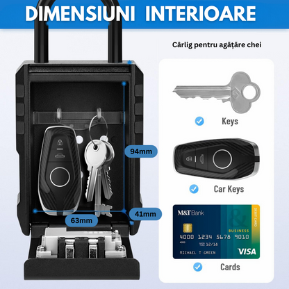Cutie metalica cu cifru pentru depozitare chei, Tip Lacat, VisionHub®, Rezistenta la apa, Caseta exterioara impermeabila, rezistenta, de capacitate foarte mare, aliaj de aluminiu, Montare pe perete, Regim Hotelier, Booking, AirBnb, Acasa, Negru